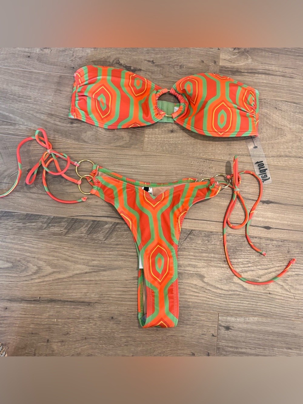 Forplay Barbados Vintage Bikini Orange Green Geometric Ring Set Size Medium NWT